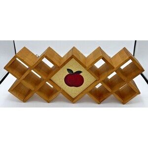 Vintage Wooden Diamond Shaped Wall Shelf Spice Rack  Apple Themed 10 Cutouts 17”